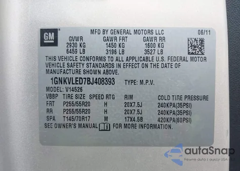 2011 Chevrolet Traverse Ltz z USA, uszkodzony, nr VIN 1GNKVLED7BJ408393